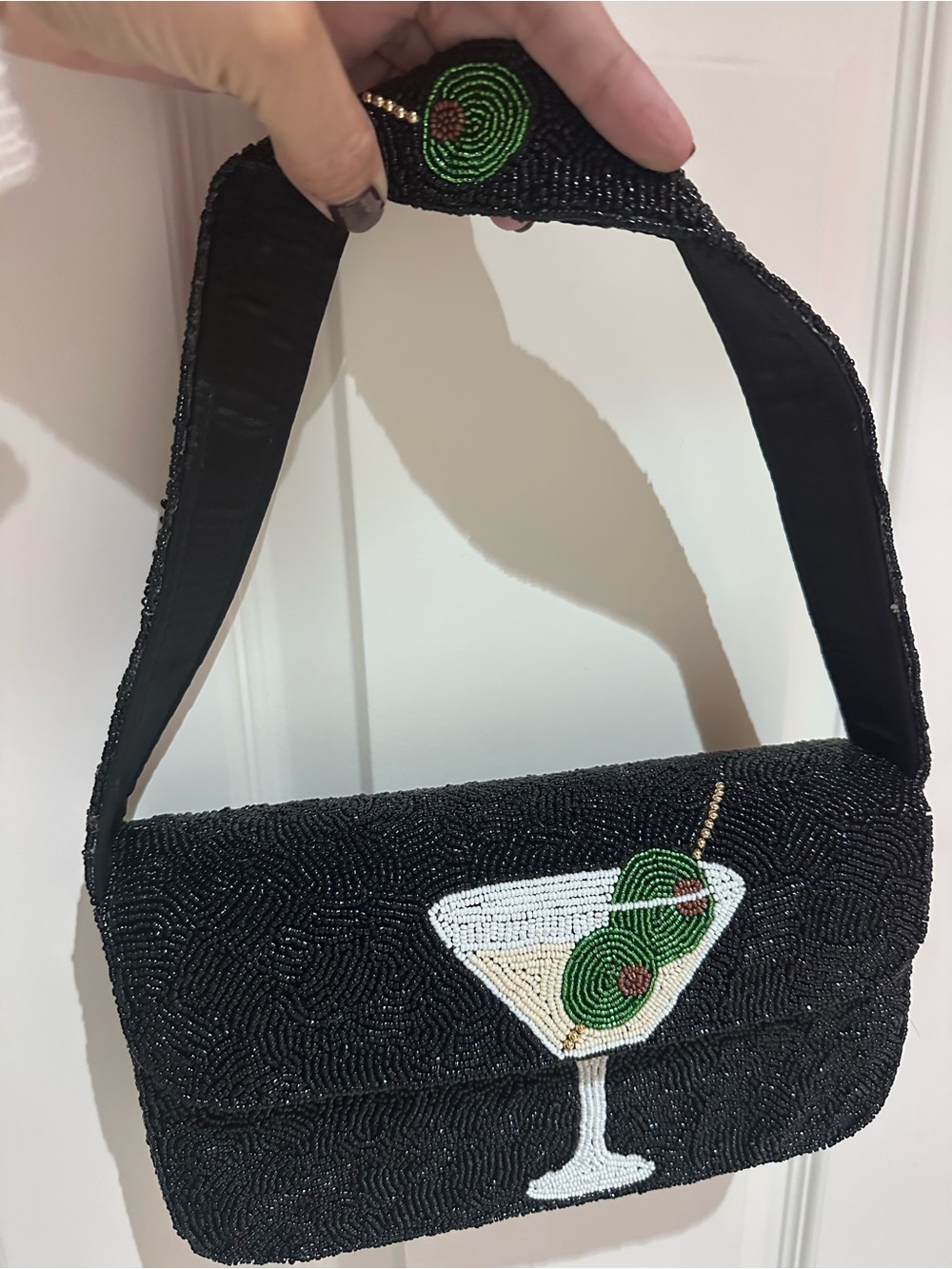 Black Beaded Martini Clutch Bag with Green Olive Detail Brand New Handmade
